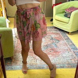 Vintage Betsey Johnson Sheer Pink Floral mini skirt, swimsuit wrap. Fairy Size S